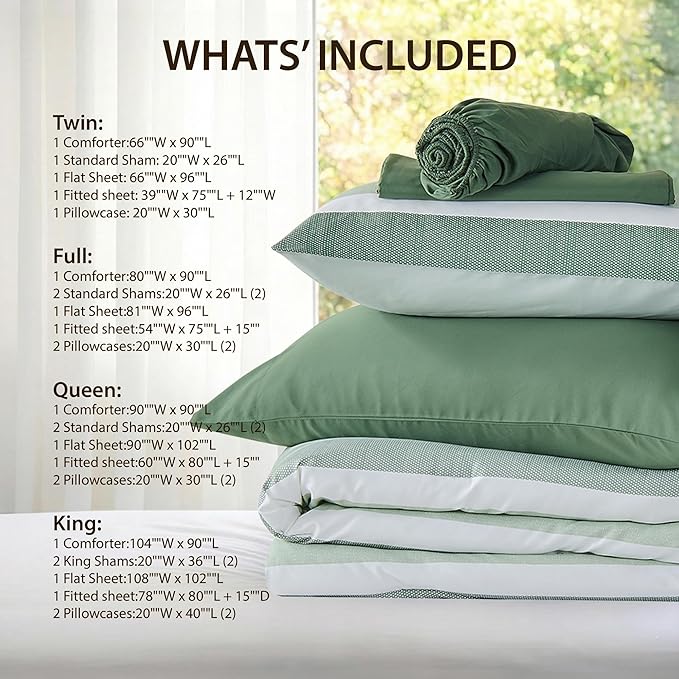 Twin Size Striped Comforter Set, Soft Microfiber Reversible Bedding Sets for All Season 5 Pieces Bed in A Bag Set with Comforter, Sheets, Pillowcase & Sham, Sage Green
