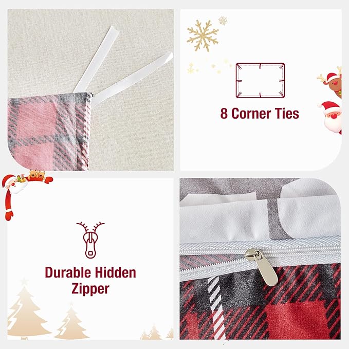 Lekesky Christmas Duvet Cover King Size,3 Pieces Reversible Red Plaid Reindeer Snowflake Holiday Bedding Set with Zipper Closure and Corner Ties(1 Duvet Cover 104x90 inches + 2 Pillowcases)