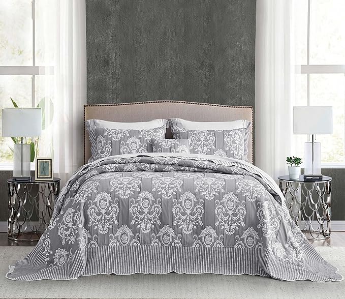 HZ & HY Oversized Queen Bedspread, Jacquard Matelasse Damask Pattern Design, Lightweight, Reversible, 5 Piece, 100% Microfiber, Queen, Grey