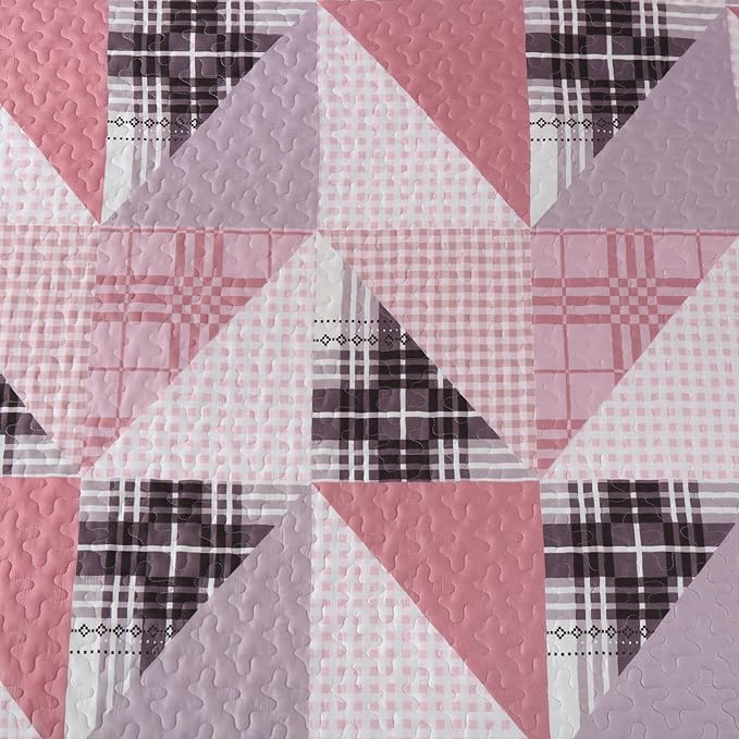 Annibedding Pink Quilt King Size, 3 Pieces Patchwork Bedspread Geometric Bedding Set for All Season, Soft Lightweight Reversible Plaid Bedspread with Wave Quilting (King, 110''x90'')