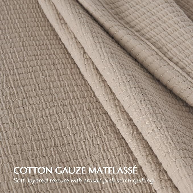 EVERGRACEHOME Cotton Gauze Full Queen Bedspread, Ultra Soft Prewashed Pick Stitch Matelassé Coverlet, Lightweight Textured Oversized Queen Quilt Bedding Set for All Season, with 2 Shams, Khaki Tan
