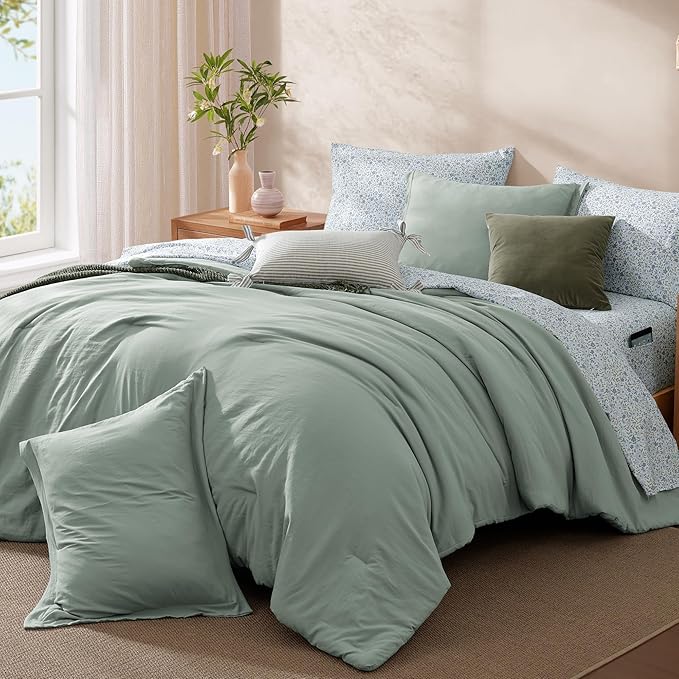 Monbix Queen Comforter Set - 7 Pieces Sage Green Prewashed Bed in a Bag Queen Bedding Sets with Comforters, All Seasons Ultra Soft Comforter Bed Set with Sheets,Pillowcases & Shams