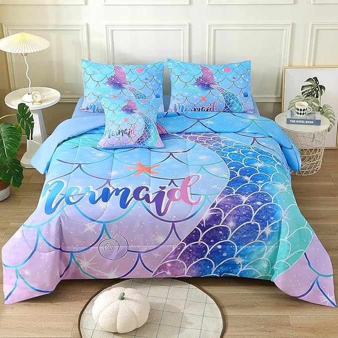 JQinHome Mermaid Comforter Set Queen Size, 6 Piece Mermaid Tail Bed in A Bag,3D Colorful Mermaid Bedding Set for Girls Kids, Sparkle Teal Bedroom Decor Bedding Set with Sheets (Blue)