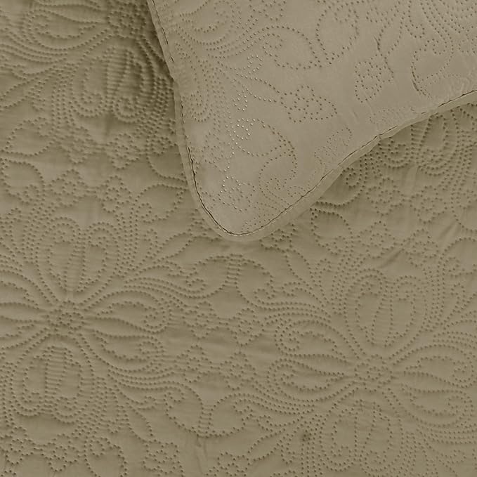 Easy-Going Full/Queen Size Reversible Quilt Set with 1 Quilt and 2 Pillow Shams, Soft Bed Quilt Cover, Water Resistant Lightweight Microfiber Bedspread, Stain Resistant, Damask-Beige/Beige