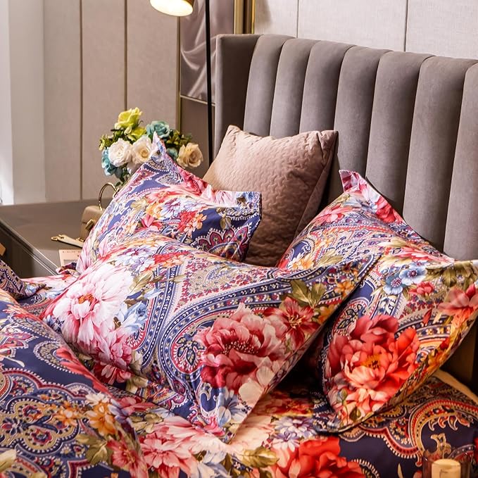 ABREEZE Colorful Floral Duvet Cover King 100% Cotton Flower Duvet Cover 3 Piece Set 1 Multi-Colored Damask Paisley Duvet Cover with Zipper Ties 2 Pillowcases Luxury Soft Peony Print Bedding Set