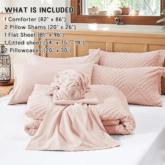 Zzlpp Full Comforter Set 7 Pieces, Pink Tufted Bed in a Bag with Comforter and Sheets, All Season Boho Bedding Sets with 1 Comforter, 2 Pillow Shams, 2 Pillowcases, 1 Sheet