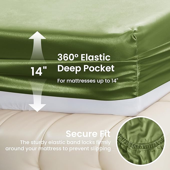 Love's cabin Satin Queen Bed Sheet Set - 4 Piece, Sage, Silky Soft, Deep Pocket, Luxury Feel