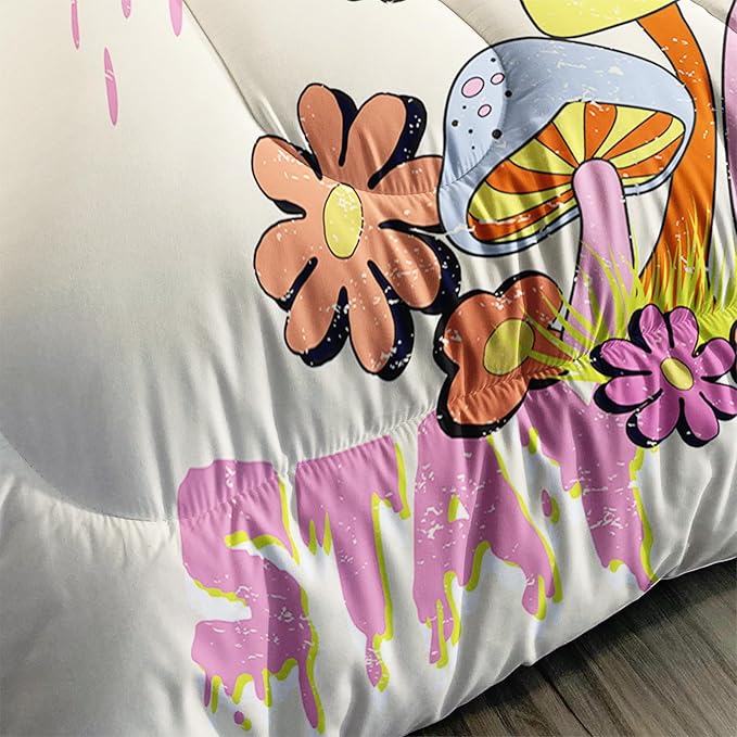 Axolotl Cartoon Mushroom Comforter Set Full,Colorful Mushrooms Bedding Girls Bedding Set,Floral Comforter Set Red Pink Flower,Cute Mushroom Bedding Set for Kids Boys Girls Teens,1 Quilt 2 Pillowcases