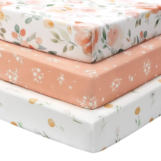 Baby Mini Crib Sheets Girl, Portable 38”x26” Pack and Play Sheets Fitted for Playard and Pack N Play Mattress, 3-Pack Soft Microfiber Orange Watercolor Flower