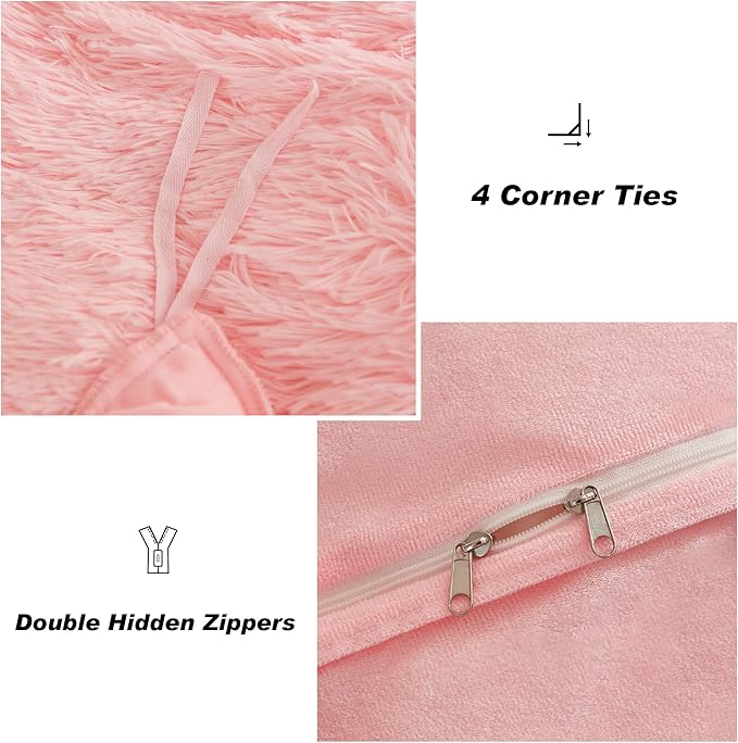 annadaif Fluffy Duvet Cover Full Size, Pink Plush Shaggy Faux Fur Comforter Cover Velvet Bedding Set with Zipper Closure(1 Duvet Cover, 2 Pillowcases)