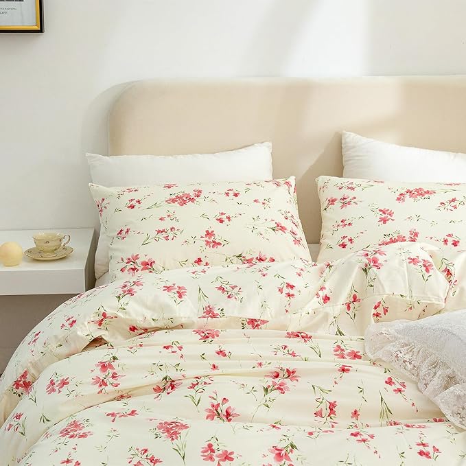CottonLife Floral Queen Duvet Cover 100% Brushed Microfiber 3 Pieces Queen Bedding Sets, Red Floral Chic Garden Style Floral Pattern Queen Duvet Set Print with Zipper Closure
