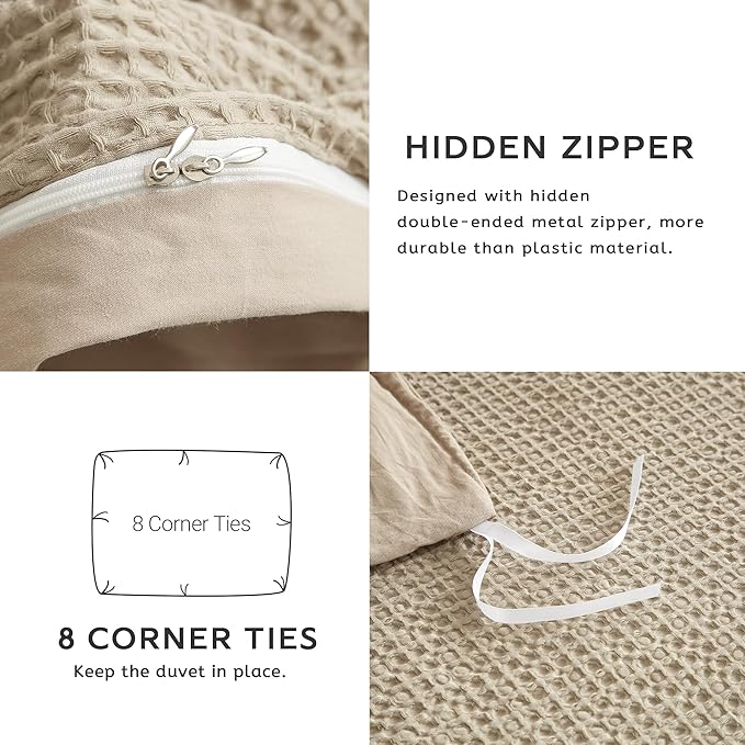 SE SOFTEXLY Waffle Duvet Cover Queen, 100% Cotton Waffle Weave Bedding Duvet Cover Set, Soft and Breathable Comforter Cover for All Season, 3 Pieces Including Pillow Shams（Khaki, 90”x90”）