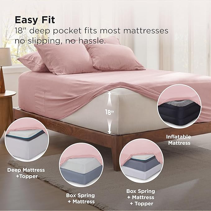 Bedsure Deep Pocket King Sheet Set - 6 Piece, Prewashed Ultra-Soft King Size Sheets Set, Fits Mattresses Up to 18 Inches Thick, Breathable & Secure Fit, Hotel Luxury Bedding, Light Pink