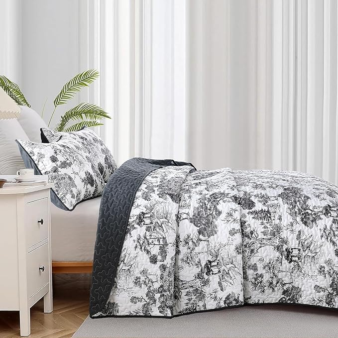 WONGS BEDDING Botanical Quilt Set King Size, Black 3 Pieces Toile Floral Plants Printed Bedspread Bedding Set Soft Lightweight Microfiber Coverlet Set for All Season (104"x90")