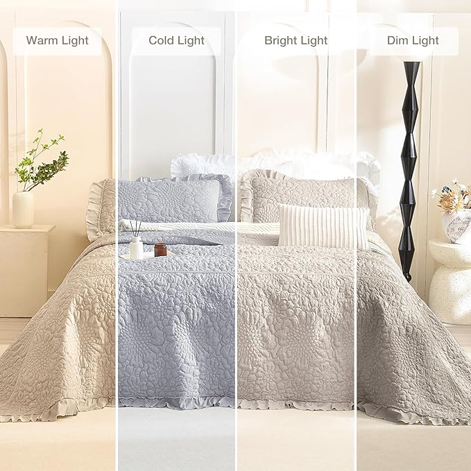 Masaca Ruffled Oversized King Bedspread 120x120,3Pcs Crinkled Extra Large Farmhouse Shabby Boho Chic King Quilt Bedding Set Linen Colored Soft Lightweight Rustic Bedspreads for All Season