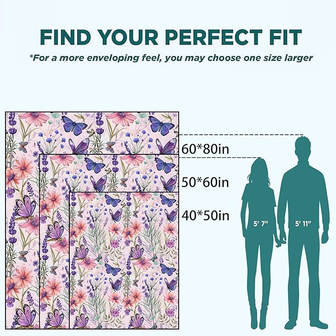 Butterfly Blanket Lightweight Blankets Gifts for Women Flannel Throw with Colorful Floral and Purple Butterflies Printed for Sofa, Bed, Travel, Camping, Office, Rustic Decor Throws 60x50 Inch