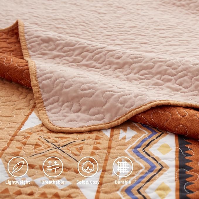 LEAONME 2 Pieces Twin Size Quilt Set Burnt Orange Rust Bohemian Bedspread Coverlet Lightweight Microfiber Bedding Set 68x86 Inch Bed Cover for All Seasons (1 Quilt, 1 Pillow Sham)