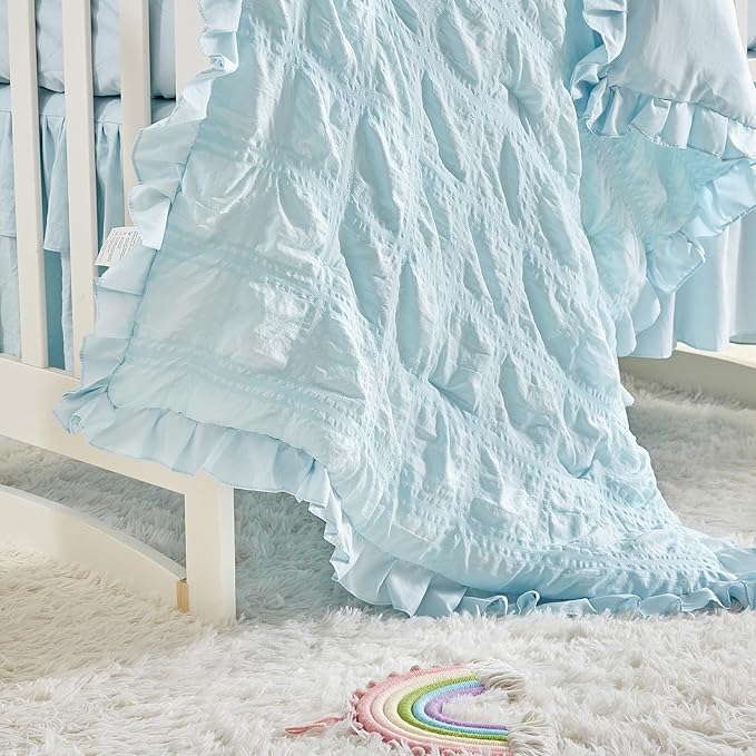 Ruffled Crib Bedding Set Baby Boho Quilted Comforter with Fitted Sheet and Bed Skirt - Cute Soft Breathable Seersucker Ruffled Shabby Chic Bedding Soft Blanket Design - Blue