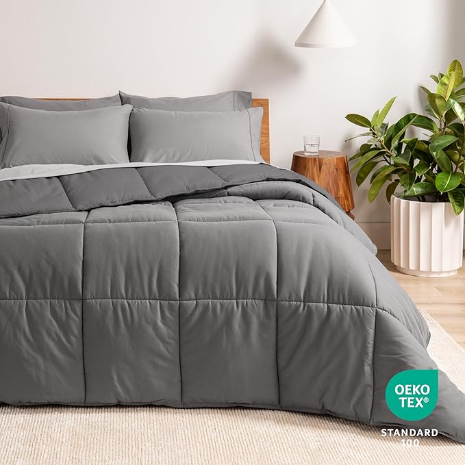 Bare Home Reversible Bed-in-A-Bag Comforter & Sheet Set - California King - Down Alternative - Soft - Bedding Set (Light Grey/Grey, Light)