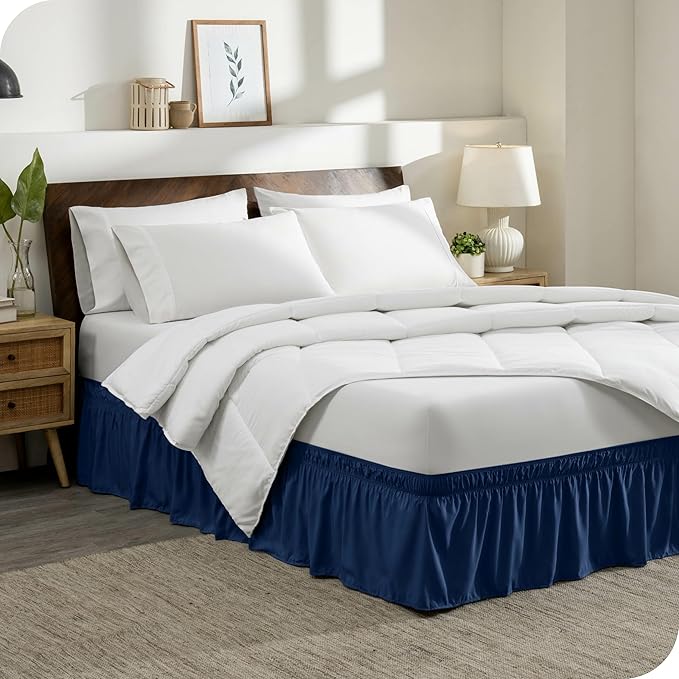 Bare Home Wrap Around Bed Skirt - for Twin Size Beds with 15 inch Tailored Drop - Easy Fit Elastic Strap - Adjustable and Ruffled Style - Wrinkle, Fade, and Stain Free (Twin, Dark Blue)