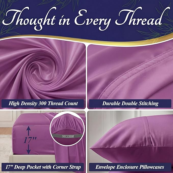 DECOLURE 100% Viscose Derived from Bamboo Sheets King Size - Luxury 4 Pc Naturally Cooling Sheets, Ultra Soft Bed Set - Deep 17" Pockets, Durable Double Stitching, Oeko Tex Standard (Purple)