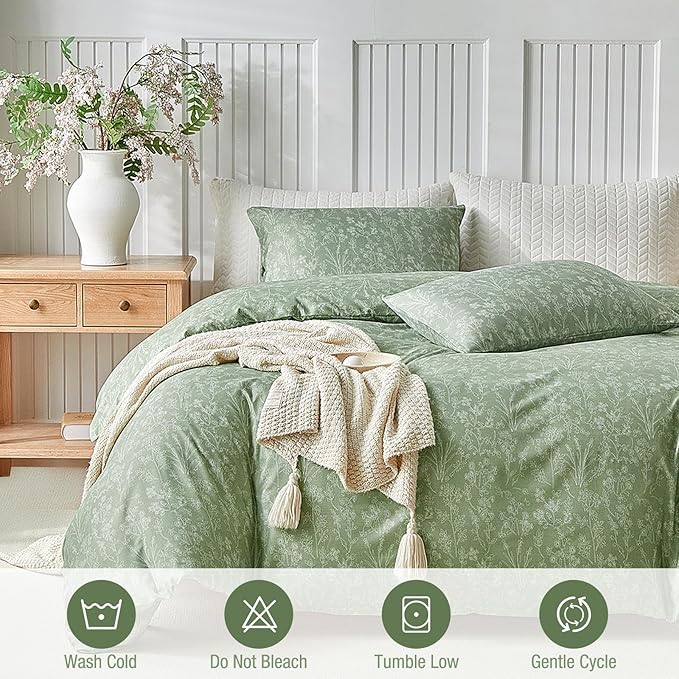 Lekesky Queen Size Duvet Cover Set, White Floral Pattern Queen Size Duvet Cover, 3 Piece Green Comforter Cover with Zipper, Ultra Soft Microfiber Bedding Set with 2 Pillowcases