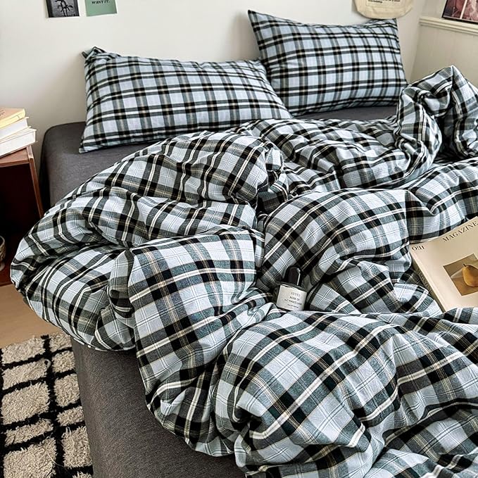LifeTB Grey White Buffalo Plaid Duvet Cover Set Queen 100% Washed Cotton Vintage Plaid Grid Bedding Set 3 Piece Checkered Comforter Cover Soft Breathable Gingham Duvet Cover with Zipper Ties