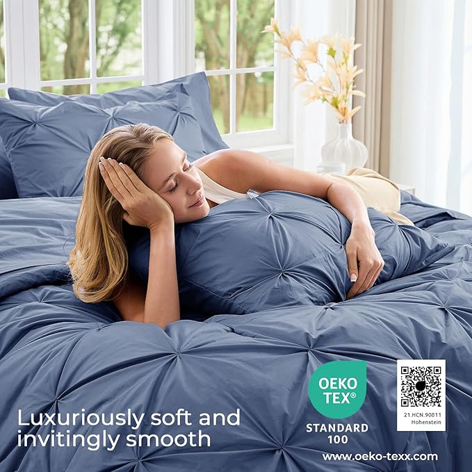 Sasttie Twin Comforter Set, 5-Piece Bed in a Bag, Pintuck Bedding Sets for All Season, Includes Comforter, Flat Sheet, Fitted Sheet, Pillowcase and Pillowsham, Slate Blue
