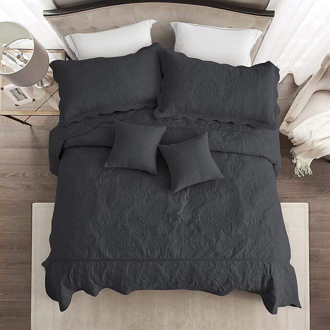 HZ & HY Oversized King Bedspread 138x122 Extra Wide, Quilted Coverlet Bedding Set, Lightweight Thin Comforter, Reversible, Luxurious, 5 Piece, 100% Microfiber, California/Alaskan King, Dark Grey