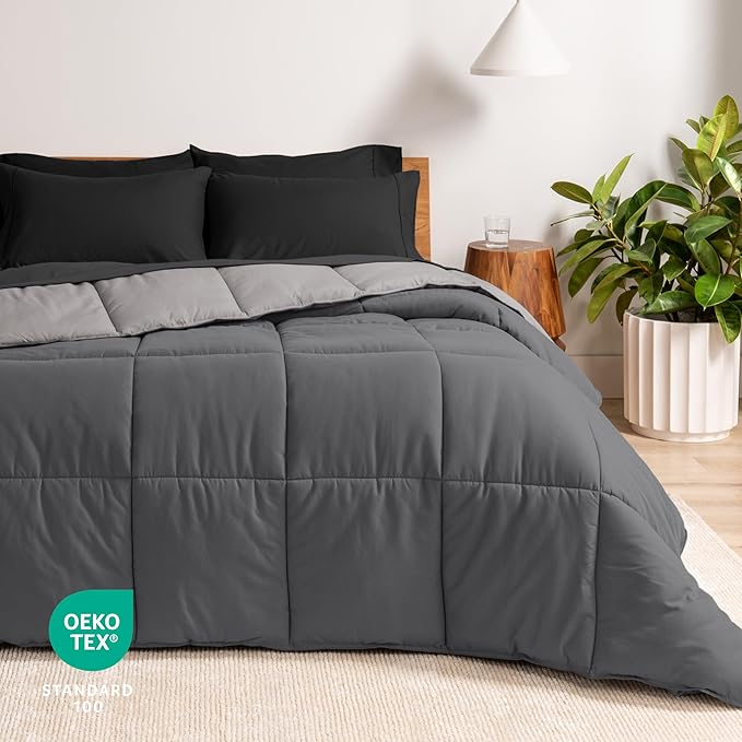Bare Home Reversible Bed-in-A-Bag Comforter & Sheet Set - Twin - Down Alternative - Soft - Bedding Set (Twin, Grey/Light Grey, Black)