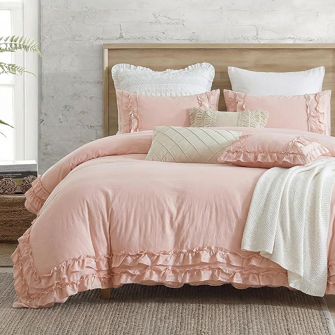 Pink Ruffled Duvet Cover Girls Coquette Bedding Set Cute Lace Fringe Ruffle Bedding Shabby Chic Farmhouse Style Super Soft Cozy Elegant Cover Cover Set Twin Size