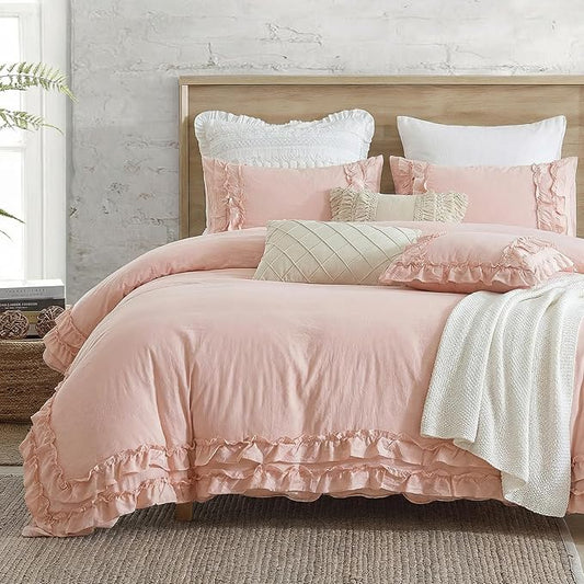 Pink Ruffled Duvet Cover Girls Coquette Bedding Set Cute Lace Fringe Ruffle Bedding Shabby Chic Farmhouse Style Super Soft Cozy Elegant Cover Cover Set King Size