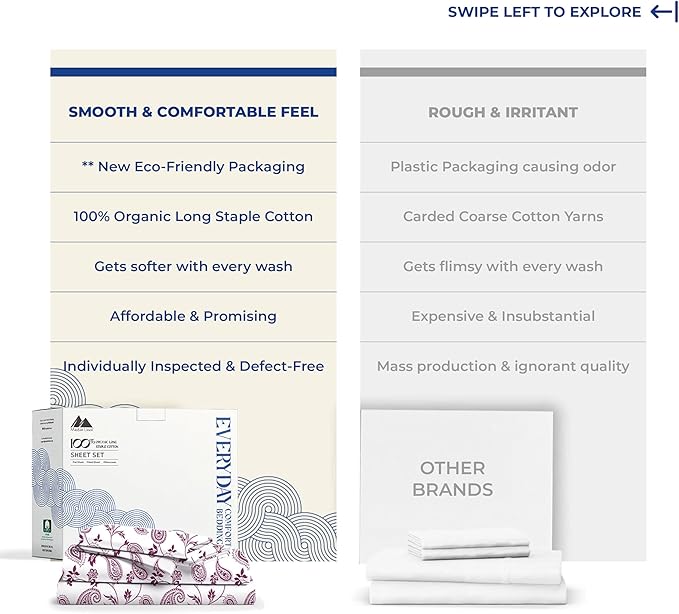 Mayfair Linen 100% Organic Cotton Printed Sheets California King Size - 4 PC Organic Cotton Cal King Percale Weave Sheet Set, Soft, Cooling & Crisp, 16" Deep Pocket Hotel Bedding Set - Paisley