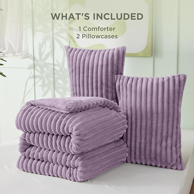 Bedsure Queen Comforter Set - GentleSoft™ 3 Pieces Fluffy Double-Side Fleece Comforter Set, Cozy Striped Room Decor Aesthetic, Luxury Light Purple Bedding Queen Size with 2 Pillowcases, 90x90 Inches