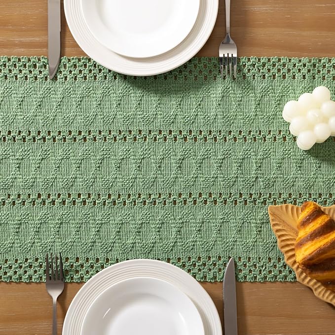 Socomi Sage Green Boho Table Runner Macrame Long Valentine's Day Farmhouse Woven Cotton Linen Rustic Coffee Table Runner with Tassels for Dresser Scarf Home Decor Dining Room 12x108 inch