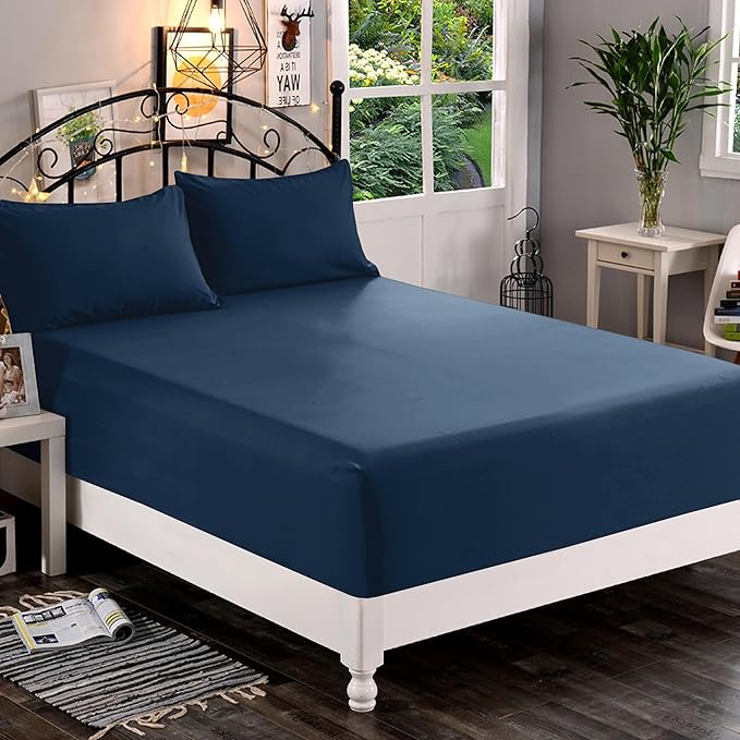 Elegant Comfort 1500 Premium Quality Fitted Sheet Ultra Soft 18-24 Inch Extra Deep Pocket - Single Fitted Sheet for High Mattress - Wrinkle Free with Smart Storage Pockets, Full, Navy Blue