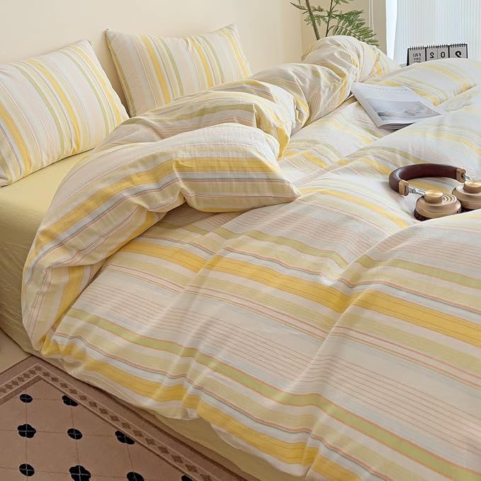 VM VOUGEMARKET 3 Pieces Striped Duvet Cover Set King 100% Washed Cotton Linen Like Textured Breathable Durable Soft Comfy Bedding Set (Yellow Stripes, King 104"x90")