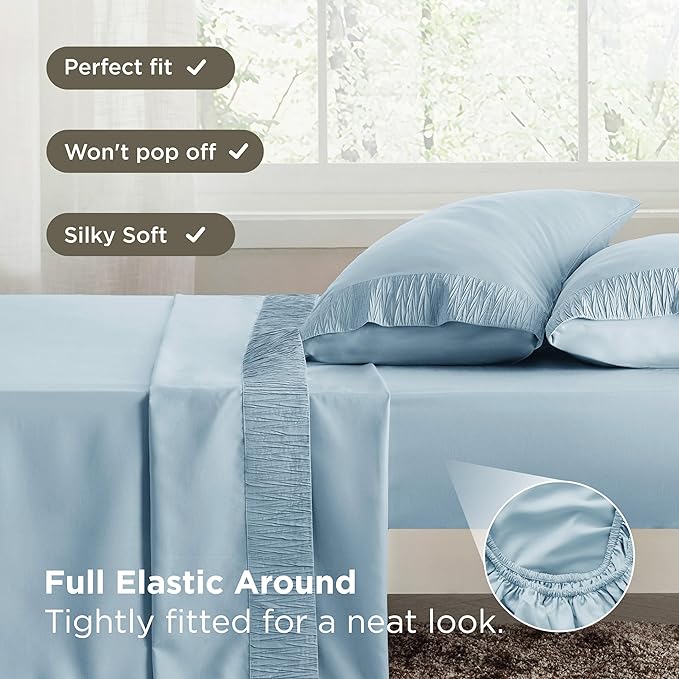 Bedsure Full Size Bed Sheets - 4 Pieces Soft Full Sheet Set - Breathable & Cooling - Hotel Luxury - Easy Care Polyester Microfiber Bedding for Women, Men, Light Blue