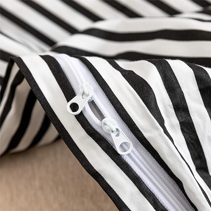 JELLYMONI 100% Natural Cotton 3pcs Striped Duvet Cover Sets,White Duvet Cover with Black Stripes Pattern Printed Comforter Cover,with Zipper Closure & Corner Ties(Queen Size)