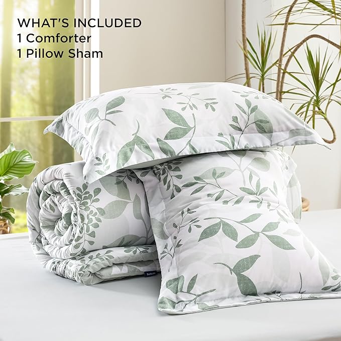 Bedsure Twin/Twin XL Comforter Set Dorm Bedding - White & Green Floral Comforter Set, Twin Extra Long Comforter for College, 2 Pieces Summer Bed Includes 1 Pillow Sham Floral Sage Green