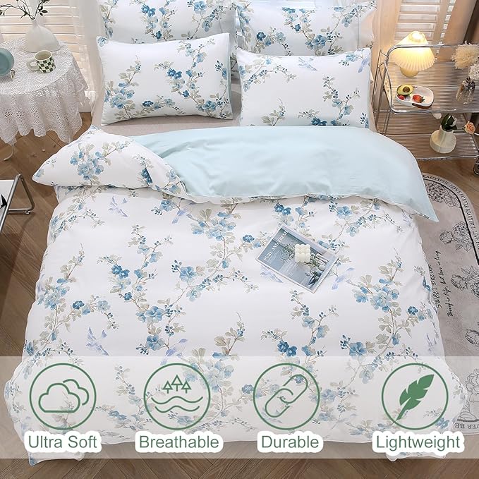 URBONUR 100% Egyptian Cotton Duvet Cover Twin Size 3 Piece Floral Comforter Cover Sets Flowers Plum Blossom Printed Bed Sets Soft Smooth & Cooling Bedding Set, Blue