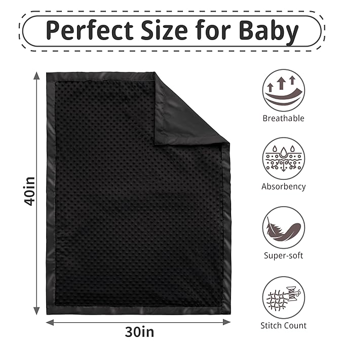 Pro Goleem Baby Soft Minky Dot Blanket with Satin Backing Baby Gifts for Boys and Girls (Black, 30’’ x 40’’)