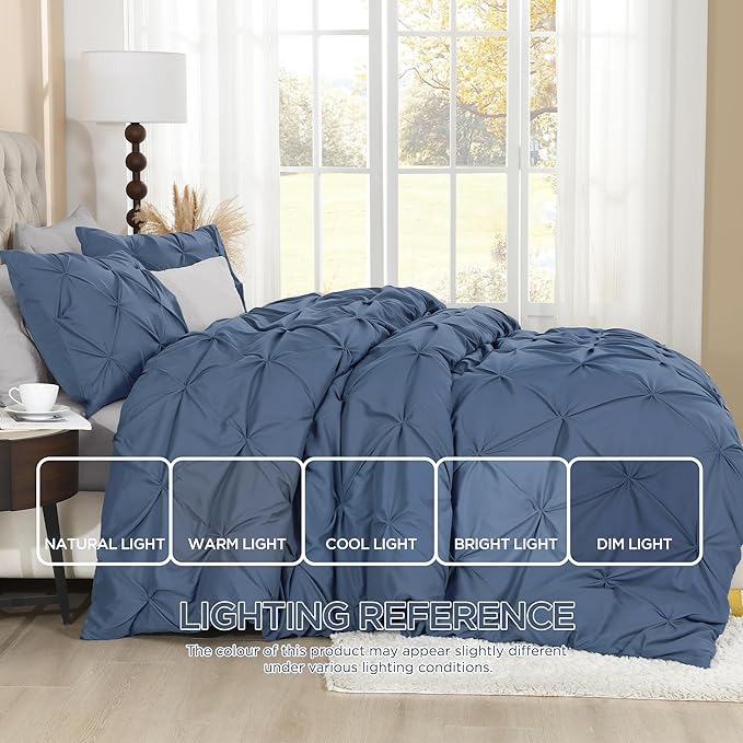 Litanika Ocean Blue California King Pinch Pleat Duvet Cover, 3 Pieces Pintuck Cover Soft Microfiber Bedding Set with Zipper Closure & Corner Ties(1 Duvet Cover, 2 Pillowcases)