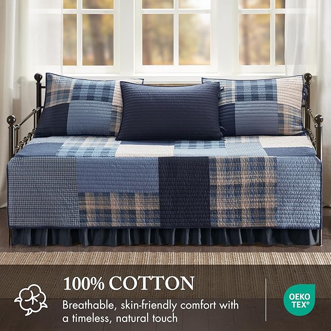 Woolrich Quilt Set Patchwork Channel Quilting, Cottage Coverlet for Twin Size Bed All Seasons, Lightweight Prewashed Cotton Coverlet Bedspread, Shams, Winter Hills, Oversized Daybed Blue 5 Piece