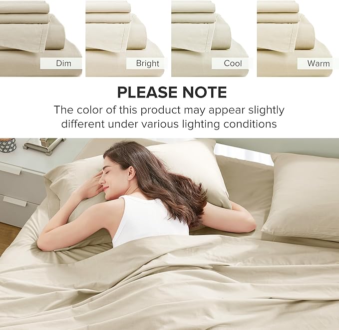Comfort Spaces 100% Cotton Sheets Full, Breathable & Ultra Soft Cotton Sheets, Naturally Cool Cotton Bed Sheets with 14" Elastic Pocket Fits up to 16" Mattress, All Seasons Sheet Set, Cream 4 Piece