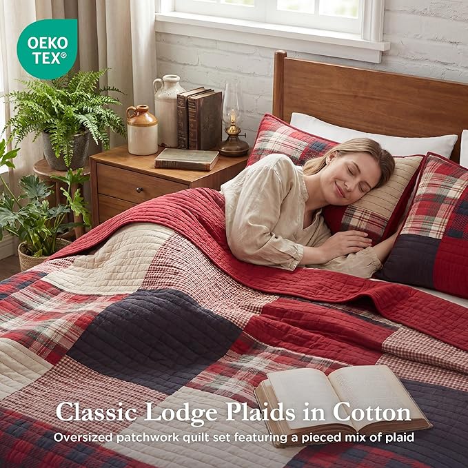 Woolrich Sunset Reversible Quilt Set - Cottage Styling Reversed to Solid Color, All Season Lightweight Coverlet, Cozy Bedding Layer, Matching Shams, Oversized King/Cal King, Plaid Red 3 Piece