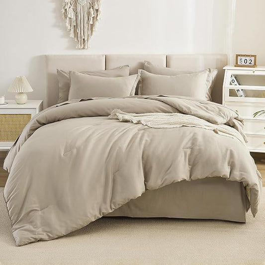 Litanika Twin/Twin XL Size Comforter Set Oatmeal - 5 Pieces Bed in a Bag Twin/Twin XL Bedding Comforter Sets, Solid Lightweight Bed Set with Comforter, Sheets, Pillowcase & Sham