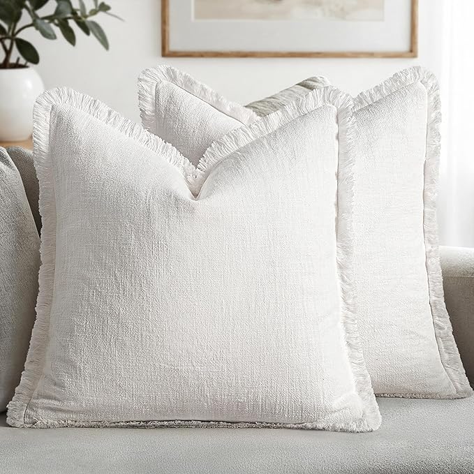 MIULEE Decorative Throw Pillow Covers Neutral Linen Fringe Throw Pillows Euro Shams Set of 2 White Boho Farmhouse Cushion Covers for Couch Sofa Bed Living Room Spring Home Decor 22x22 Inch