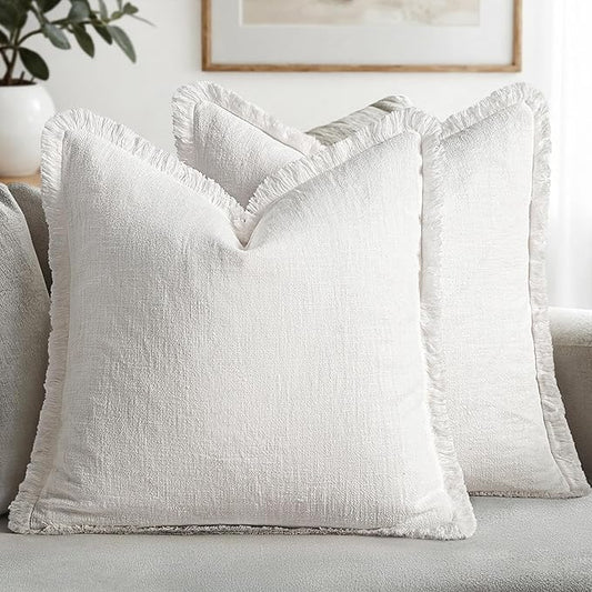 MIULEE Decorative Throw Pillow Covers Neutral Linen Fringe Throw Pillows Euro Shams Set of 2 White Boho Farmhouse Cushion Covers for Couch Sofa Bed Living Room Spring Home Decor 22x22 Inch