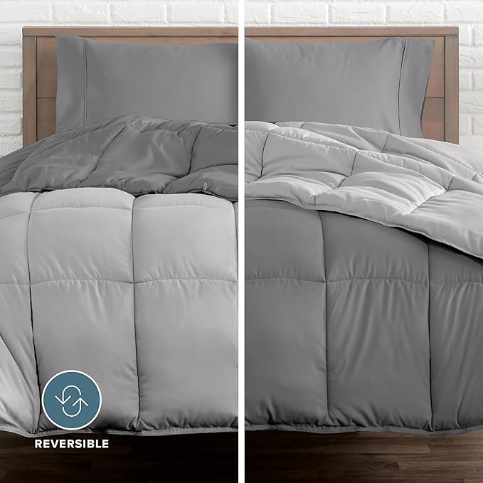 Bare Home Reversible Bed-in-A-Bag Comforter & Sheet Set - Queen - Down Alternative - Soft - Bedding Set (Queen, Grey/Light Grey)